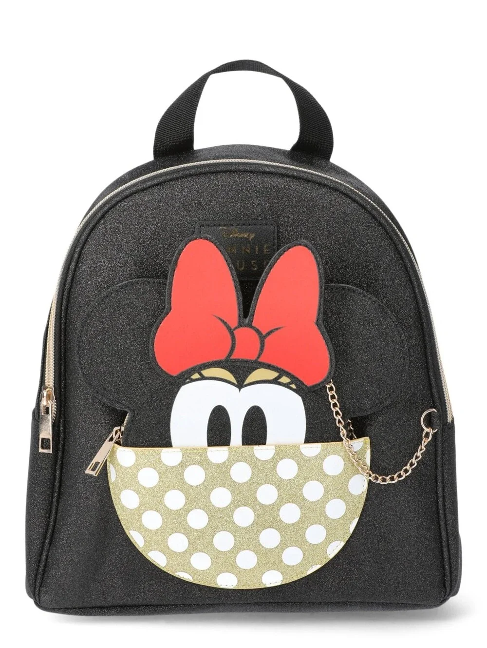 Official Disney Minnie Mouse All Over Black Glitter Mini Backpack Gold Polka Dot